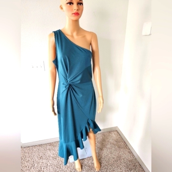 Sheilay Dress Women XL One Shoulder Pleated Elm Green Ruched Waist New - Picture 1 of 12